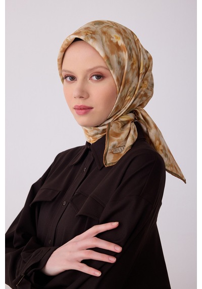 Belli Çiçek Desen İpek Twill Eşarp - 2026 İlkbahar-yaz T 4319 Hardal