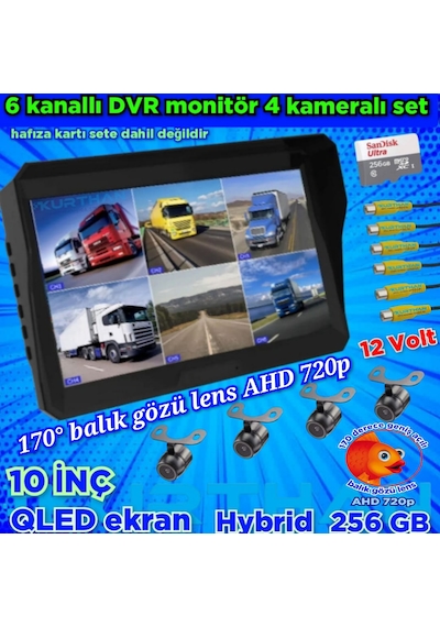 Ledsiz 4 Adet Ahd 720p Balık Gözü Kelebek Kamera 6 Kanallı 10 İnç Qled Ekran 256 Gb 12 Volt