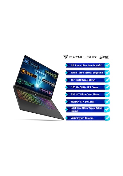Casper Excalibur G915 AI G915.356H-EX60X-C Core Ultra 7-356H 64 GB 2 TB RTX5060 16" Free Dos Dizüstü Bilgisayar