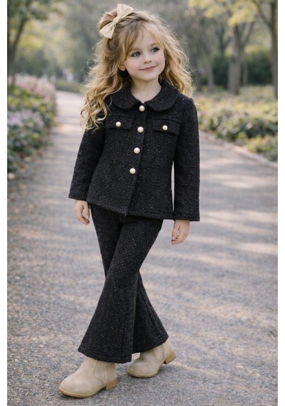 My Kids Wear Kız Çocuk Bayramlık Tüvit Ceket & İspanyol Paça Pantolon Takım 12552 Siyah