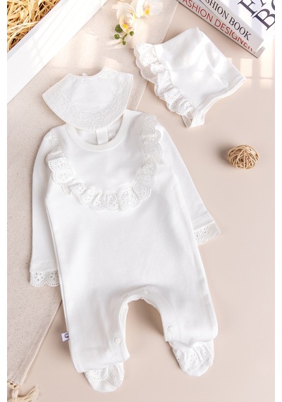 Babymod Fistolu Şapkalı 100% Pamuk Kız Bebek Tulum Krem Krem