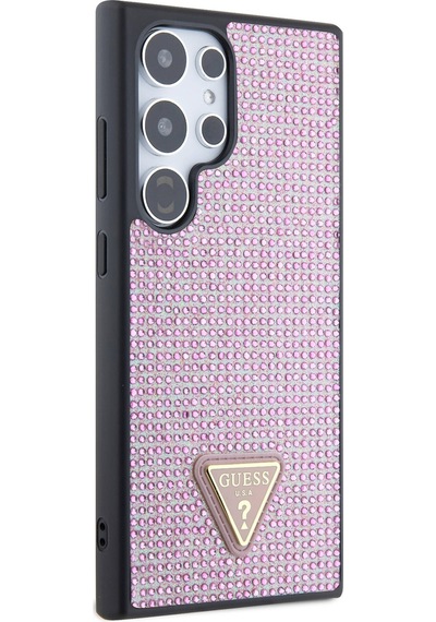 Galaxy S24 Ultra Uyumlu Kılıf Guess Lisanslı Taşlı Arka Yüzey Üçgen Logolu Kapak Pembe