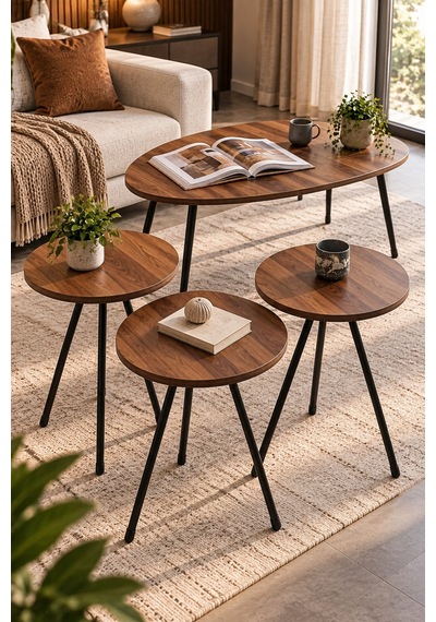 Sulorahome Ceviz Desenli Metal Ayaklı 4'lü Sehpa Seti