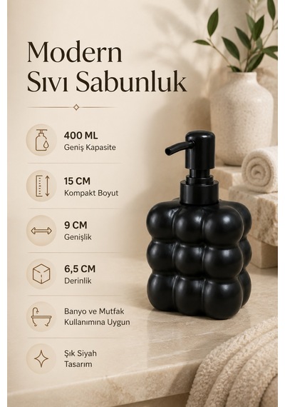 Modern Bubble Sıvı Sabunluk 400 Ml Siyah Pompalı Kabarcık Desenli Banyo Ve Mutfak Tezgâh Üstü Dispenser - 15 Cm X 9 Cm X 6,5 Cm