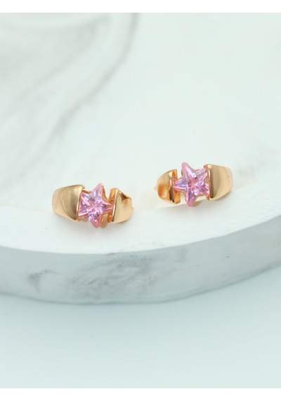 Vıp Pembe Yıldız Taşlı Gold Çelik Küpe - Suya Ve Denize Dayanıklı Gold