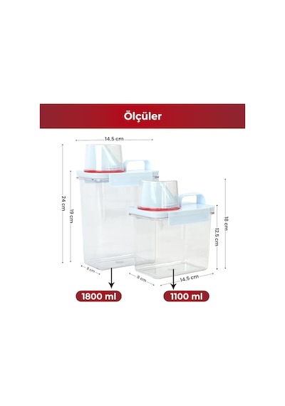 2 Li Saklama Kabı Sıkı Kapanan Ölçekli Kapak, Sızdırmaz Erzak Bakliyat Ve Deterjan İçin Çok Amaçlı Set 1100 Ml 1800 Ml