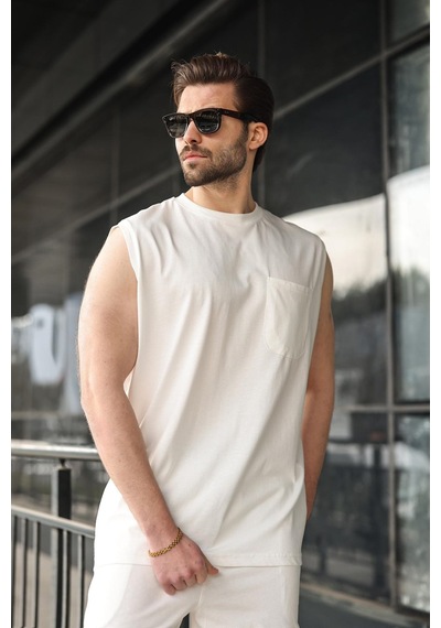 Madmext Ekru Bisiklet Yaka Kolsuz Erkek Şort T-shirt Takım E7351 Ekru