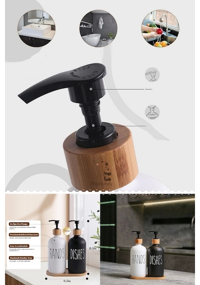 Hands Dishes 2 Li Siyah Beyaz Dekoratif Mutfak Banyo Sıvı Cam Sabunluk Seti 500ml Bambu Stantlı Set Siyah Beyaz