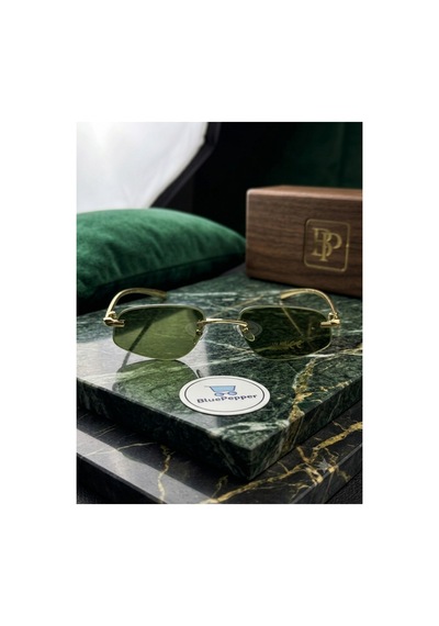 Bellega Geometrik Çerçeve Lüks Güneş Gözlüğü Çerçevesiz Tasarım Gözlük Gold Sap Yeşil