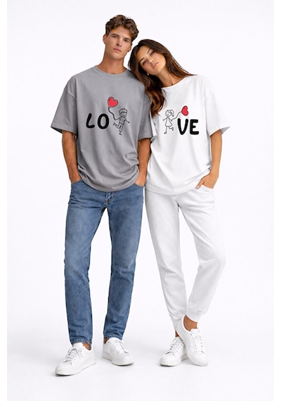 Sevgili Kombini Love Baskılı Çift Tişört Oversize Unisex Partner Antrasit