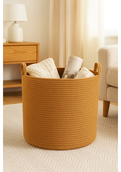 Mavaux El İşçiliği Dokulu Büyük Boy Sepet 40 X 36 Cm Dekoratif Ev Düzeni, Oyuncak Ve Çamaşır Organizer Hasır