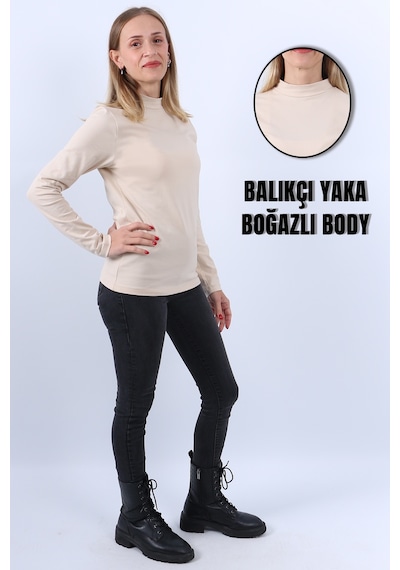 Kadın Balıkçı Yaka Uzun Kollu Body Ten