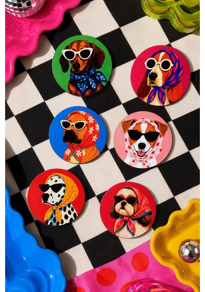 Köpek Desenli Bardak Altlığı 6 Lı Set Pop Art Tasarım, 9 Cm Mdf, Uv Dijital Baskı Çok Renkli