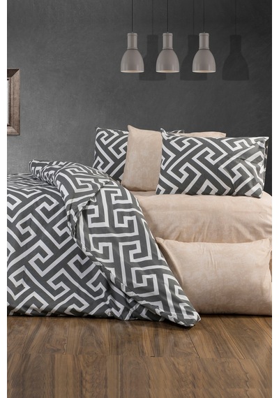 Gri Geometrik Desenli Çift Kişilik Nevresim Takımı Modern Grek Tasarım Bej - Gri