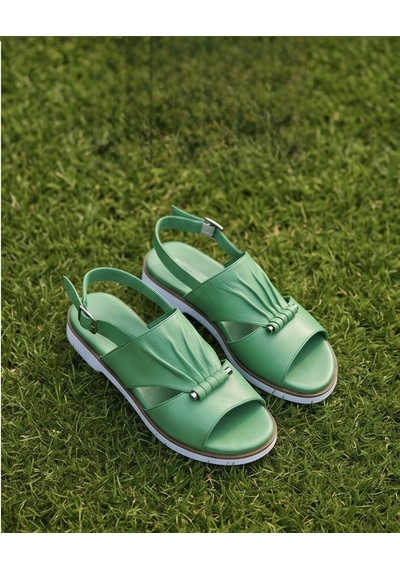 Futsishoes Opal Yeşil Hakiki Deri Bilekten Tokalı Drapeli Kadın Sandalet