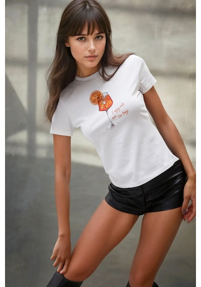 Hiccup Kadın Bisiklet Yaka Kısa Kollu Önü Baskılı Pamuklu T-shirt Turuncu