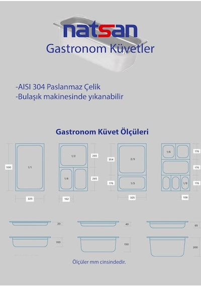 Paslanmaz Çelik Gastronom/gastronorm Küvet Gn 1/3-100 32,5 X 17,6 X 10 Cm