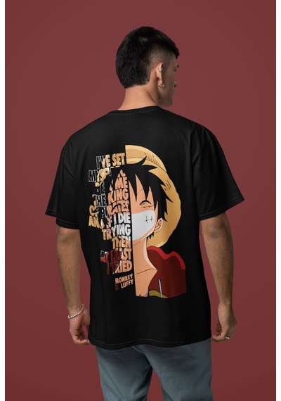 Sevbano Monkey D. Luffy One Piece Sırt Baskılı Unisex Oversize Anime Tişö Siyah