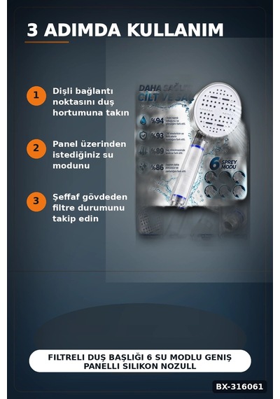 Filtreli Duş Başlığı 6 Su Modlu Geniş Panelli Silikon Nozullu Beyaz Gövde Bx-316061 Diğer