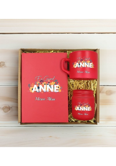 Bk Gift Kişiye Özel İsimli Dtf Anne Temalı Kırmızı Defter & Kahve Fincanı & Mum Hediye Seti-2, Anneye Hediye, Anneler Günü Hediyesi Kobitmeyencom30772