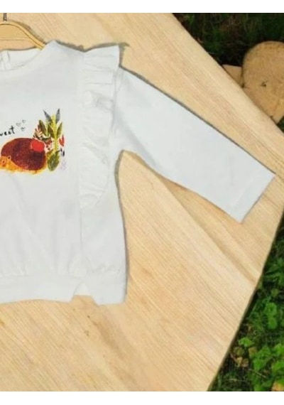 Çikoby Kız Bebek Pamuklu İnce Uzun Kollu Kirpi Desenli Bluz-14898 Ekru