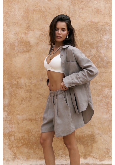 Mai Collection Mai Studios Co. Gaelil Oversize Füme Keten Gömlek Şort Takım Füme