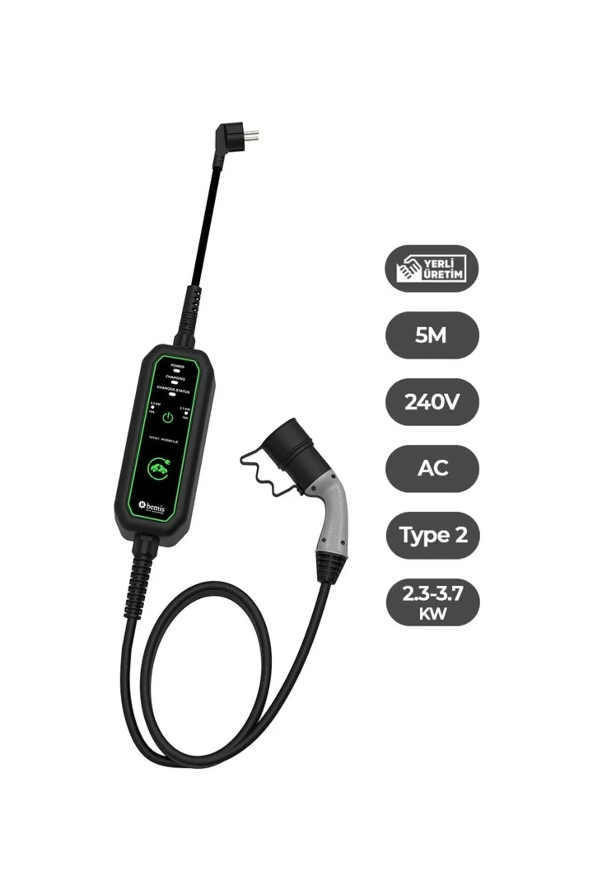 2,3 - 3,7 Kw Mini Mobil Araç Şarj Cihazı Aleti 5 Metre 16a/3.5kw