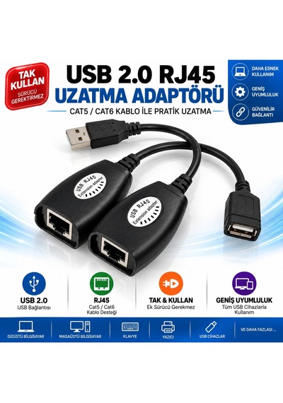 Luve Store Usb 2.0 Rj45 Uzatma Adaptörü 45 Metre Cat5 Cat6 Usb Extender