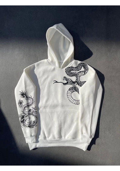 Uzun Kol Kapşonlu Baskılı Sweatshirt - Beyaz