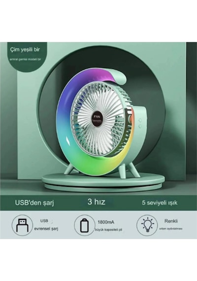 Masaüstü Vantilatör Usb Şarjlı Rgb Led Işıklı 3 Kademeli 180 Ayarlanabilir Soğutucu Fan Yeşil Çok Renkli