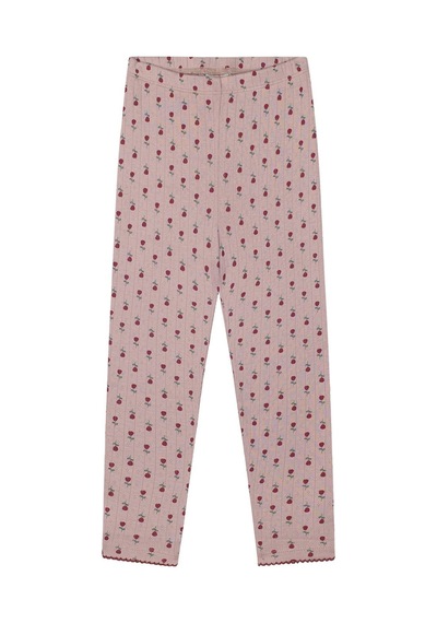 Antebies Organik Gots Sertifikalı Minik Güller Desenli, Uzun Kollu Tişört, Bel Lastikli Taytlı Kız Çocuk Pijama Takımı Pembe