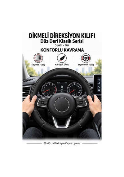 Trobus Renault Kangoo 2024 Ve Sonrası Uyumlu Dikmeli Direksiyon Kılıfı Düz Deri Klasik Siyah Gri Siyah - Gri