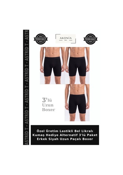 Astrid T Özel Üretim Lastikli Bel Likralı Kumaş Hediye Alternatif 3'lü Paket Erkek Siyah Uzun Paçalı Boxer