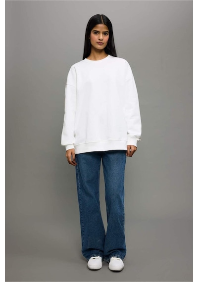 Defacto Oversize Geniş Kalıp Bisiklet Yaka Basic Düz Kalın Sweatshirt F9628ax25auer105 Ekru