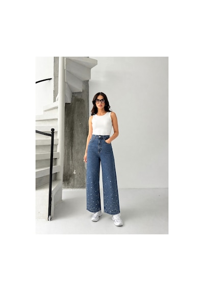 Kene Jeans Yüksek Bel Bilek Boy Tintli Bol Paça Denim Pantolon Tintli