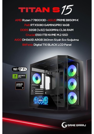 Game Garaj Titan S15 R7-7800X3D 32 GB 1 TB SSD RTX5080 Dos Oem Paket Masaüstü Oyuncu Bilgisayarı