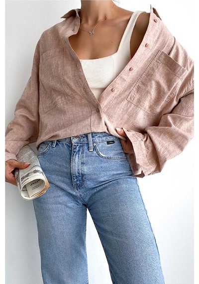 Femelle Kadın Çift Cepli Düşük Omuz Oversize Boyfriend Salaş Kalıp Keten Basic Gömlek kahverengi Femelle Kadın Çift Cepli Düşük Omuz Oversize Boyfriend Salaş Kalıp Keten Basic Gömlek kahverengi