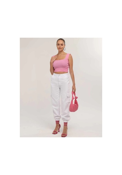 Kene Jeans Paça Lastik Kargo Cep Keten Mom Pantolon Beyaz