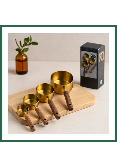 Bezos 4'lü Ölçü Kaşık Seti 250/125/80/60 Ml - Gold Metal Ahşap Saplı Bzs01