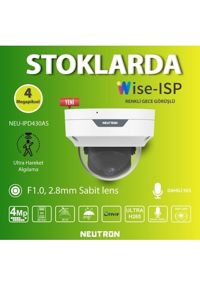 Neutron Neu-ıpd430as 4mp 2.8mm Sabit Lens Dahili Sesli Gece Renkli Colorhunter Wise-ısp Onvif H.265+ Ip Dome Kamera