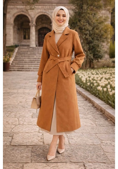 Esra Butik78 Kadın Camel Kuşaklı Uzun Kaban Hakim Yaka, Cepli, Kışlık Şık Tesettür Mont Kahverengi Esra Butik78 Kadın Camel Kuşaklı Uzun Kaban Hakim Yaka, Cepli, Kışlık Şık Tesettür Mont Kahverengi