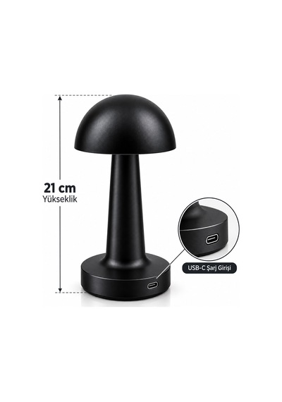Siyah - Oval Dekoratif Masa Lambası Mantar Dokunmatik Usb - Type-c Şarjlı 3 Fonksiyon Renkli İ10-028 5671 Hemen Belirtilmemiş