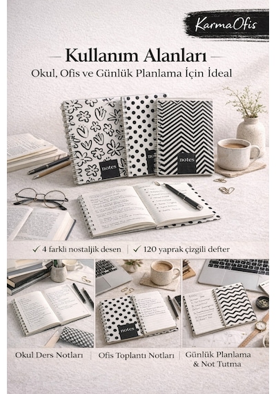 4'lü Spiral Çizgili Defter Seti 17x24 Cm 120 Yp Nostalji Desenli Okul Ofis Defteri