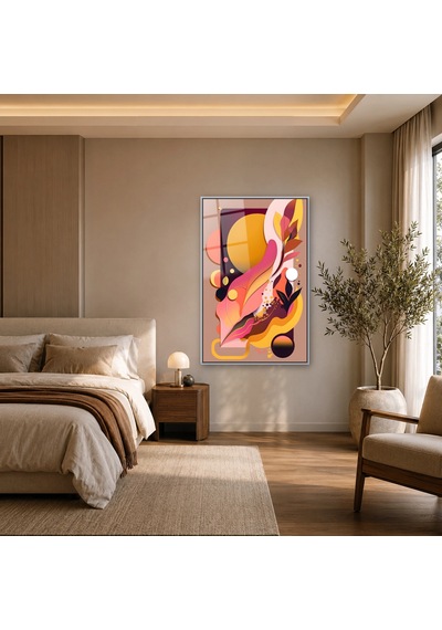 Pastel Güneş Ve Akışkan Yapraklar Gümüş Çerçeveli Cam Tablo