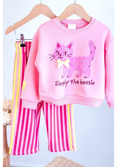 Monila Kız Çocuk Pembe Kedi Baskılı Sweatshirt Ve Pembe Çizgili Eşofman Alt Üst Takım