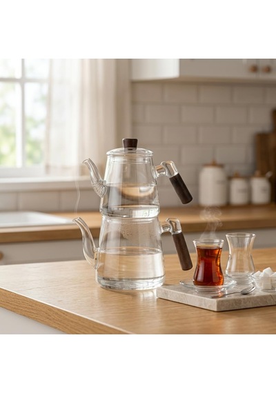1000 Ml + 750 Ml Akasya Ahşap Kulplu Cam Çaydanlık Takımı - Isıya Dayanıklı Borosilikat Pürüzsüz Şeffaf Tasarım, Yaylı Süzgeçli Lüks Çaydanlık Çok Renkli