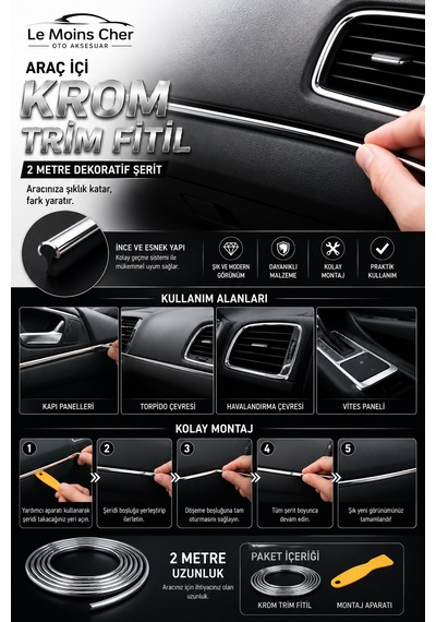 Aston Martin V8 Vantage Araç İçi Krom Trim Fitil 2 Metre Nikelaj Dekoratif Şerit