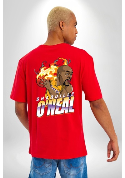Basketbol Shaquille Oneal Star Ateş Topu Kırmızı Oversize Unisex Ön Ve Sırt Baskılı Tişört Kırmızı