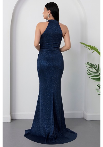 Kalopya Halter Yaka Yırtmaçlı Simli Elbise Drp0013 Lacivert