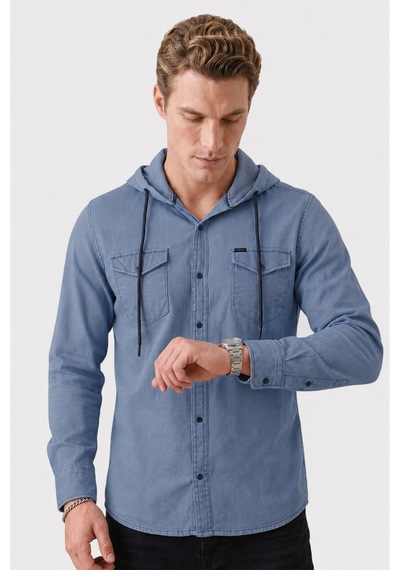 Rizzup Koyu Mavi Kapüşonlu Likralı Kot Gömlek Slim Fit Çıt Çıt Kapamalı Erkek Gömlek 2300396